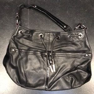 Black Leather Anna Drawstring Bag